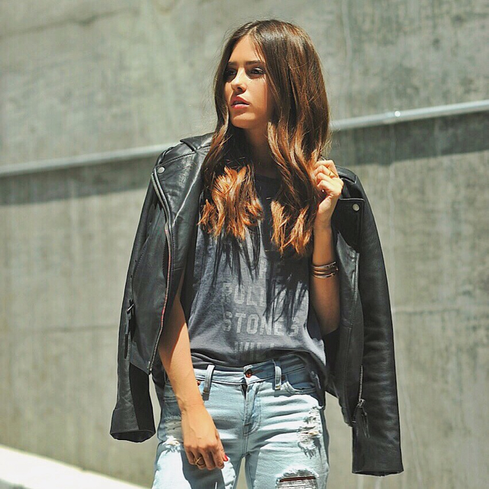 Paola Alberdi from Blank Itinerary wearing Lucky brand leather jacket, shirt and jeans for Rolling Stones Concert