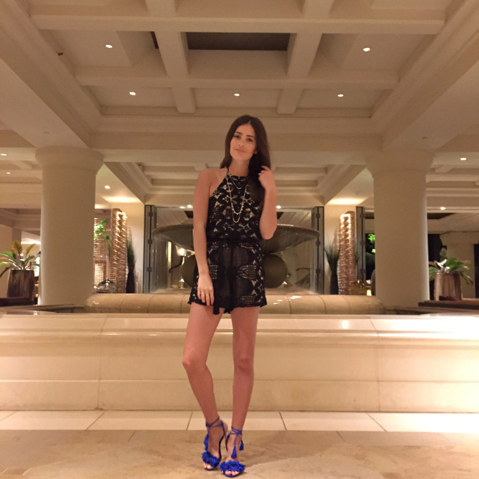 blank itinerary night outfit to dinner included miguelina romper and aquazzura shoes