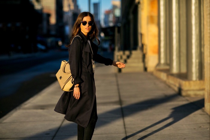 Blank itinerary wearing Reiss trench coat and beige celine trapeze
