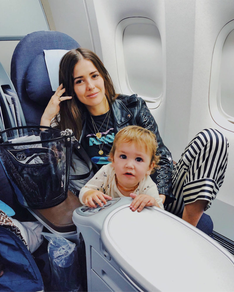 mom and son in airplane